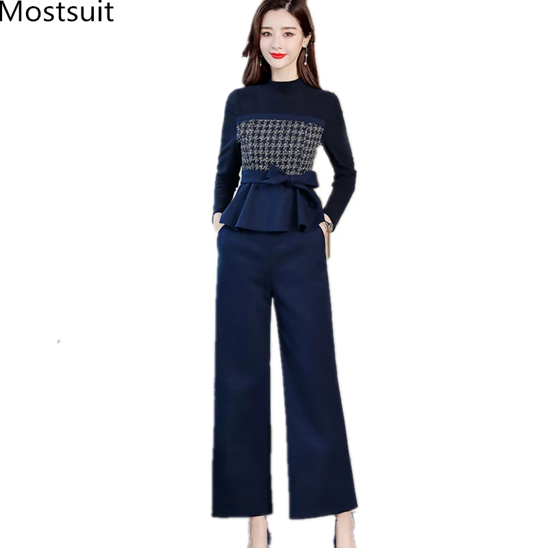 Офисный элегантный женский комплект из двух предметов Топ с длинным рукавом и