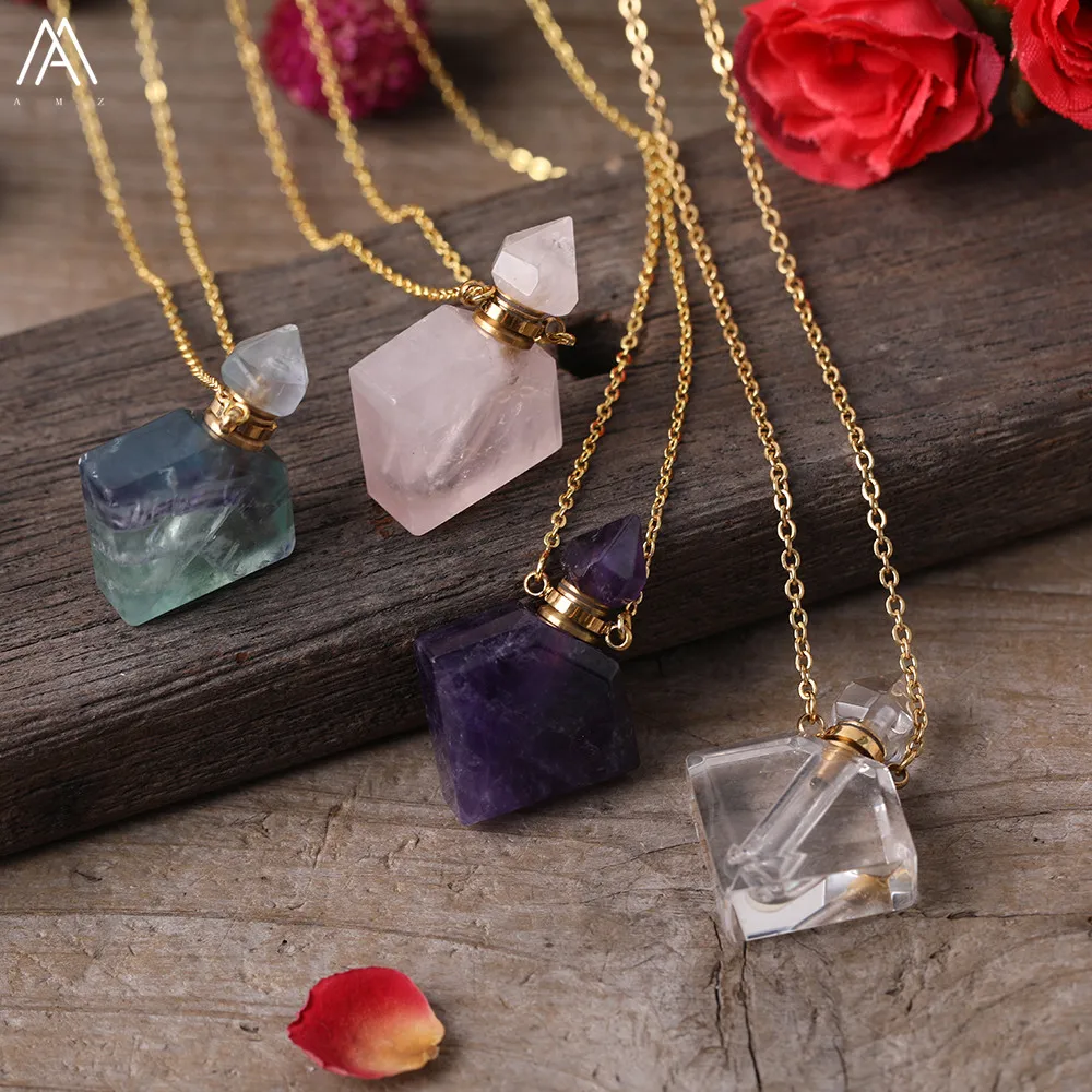 Fashion Women Natural Stone Essential Oil Jewelry Lapis Lemon Quartz Fluorite Perfume Bottle Pendant Necklace For | Украшения и