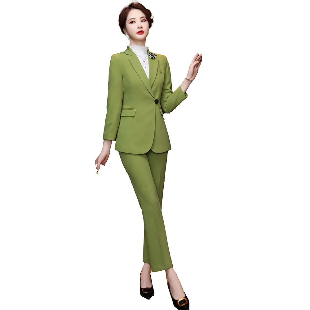 2021 New Green Black Women's Pants Suit 2 Pieces Set Formal Elegant Ladies OL Blazer Female Jacket + Trousers Plus Size S-4XL