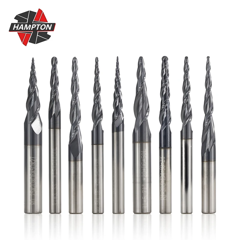 2 Flute Ball Nose Taper End Mills 4pcs Tungsten Solid Carbide Ball Nose Taper Milling Cutter for Wood Metal Cone CNC Router Bits