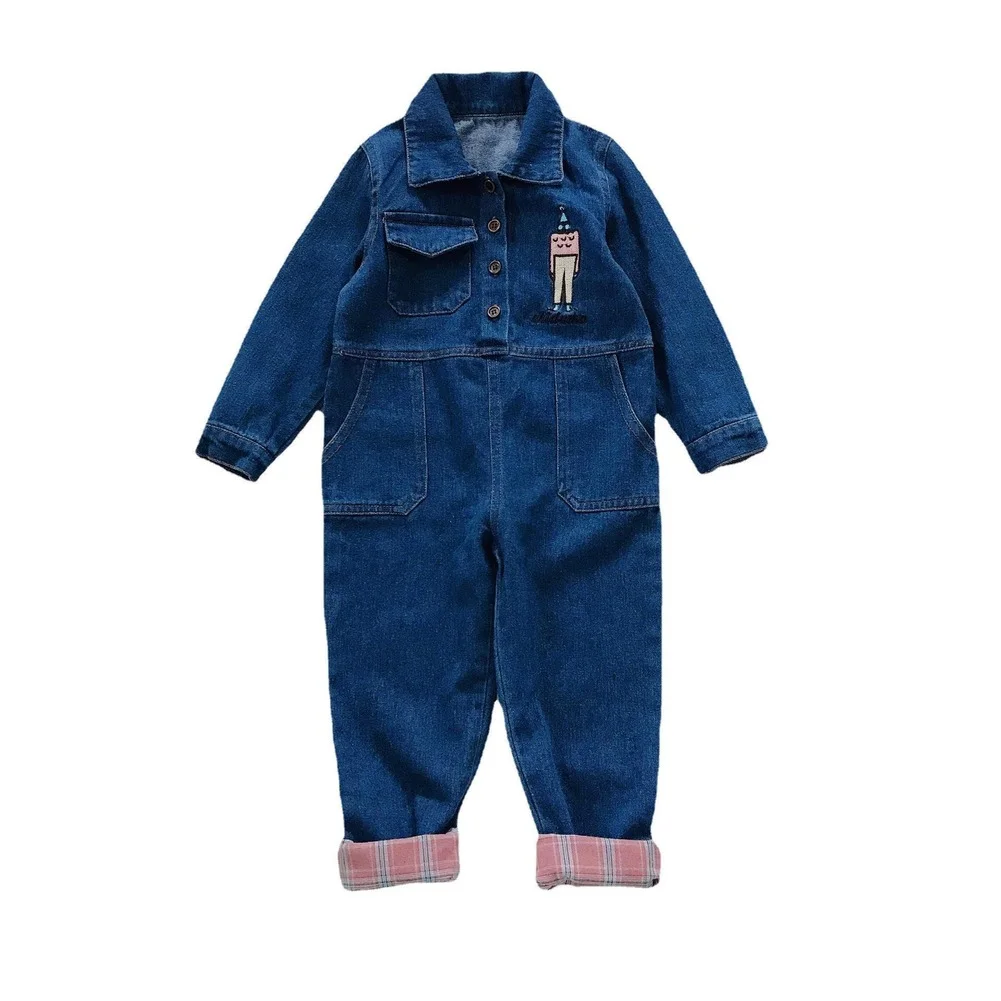 

2021 New Fashion Spring Autumn Kids Jumpsuits For Girl Long Sleeve Denim Waist Lapel Children Clothes Baby Casual Playsuits