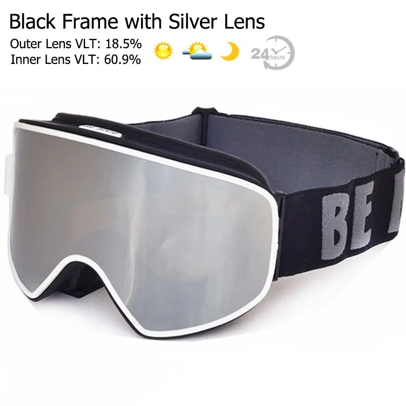 Black Silver Лыжные очки 2 в 1 с магнитными двойными линзами для ночного катания на лыжах, противотуманные UV400 очки для сноуборда, мужские и женские лыжные очки - Цвет: Black Silver