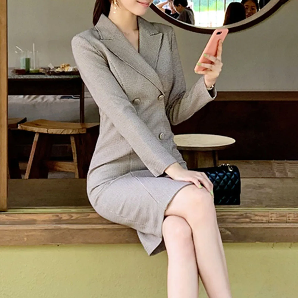 Элегантный осенне-весенний женский офисный костюм платья длинный Блейзер платье