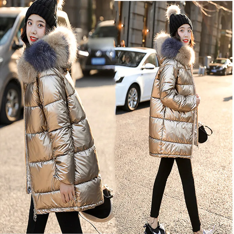 Женский пуховик с большим воротником теплая парка капюшоном и из натурального