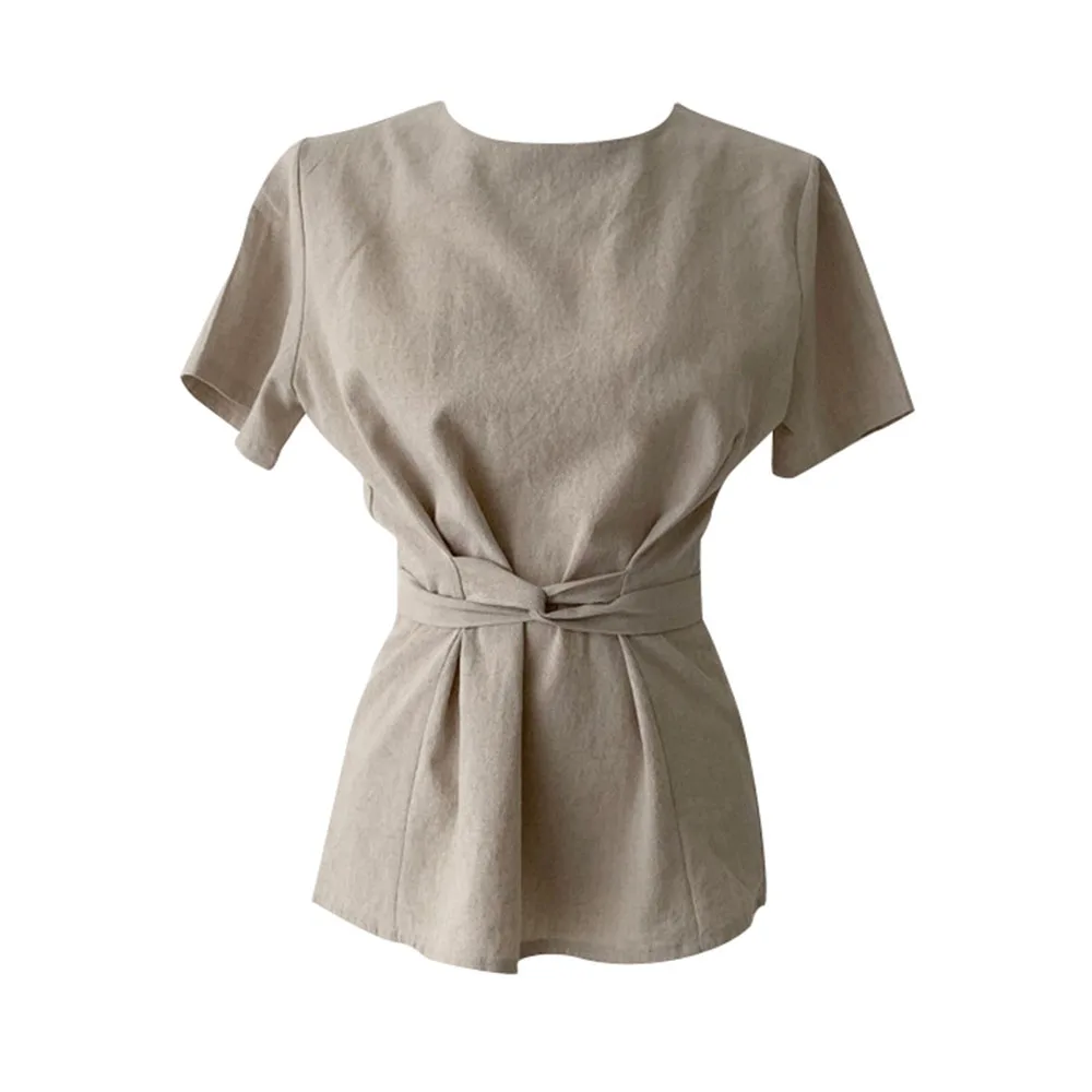 

Korean Japanese Women Chic Blouse Solid Khaki Round Neck Short Sleeve Office Lady Shirts Lace Up Daily Shirts Linen Tops Nice