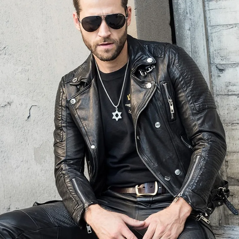 

Luxury Mens Short Slim Genuine Leather Jacket Buckle Tanning Sheepskin Coat Zipper Designer Motorcycle Jacket Biker Outerwear