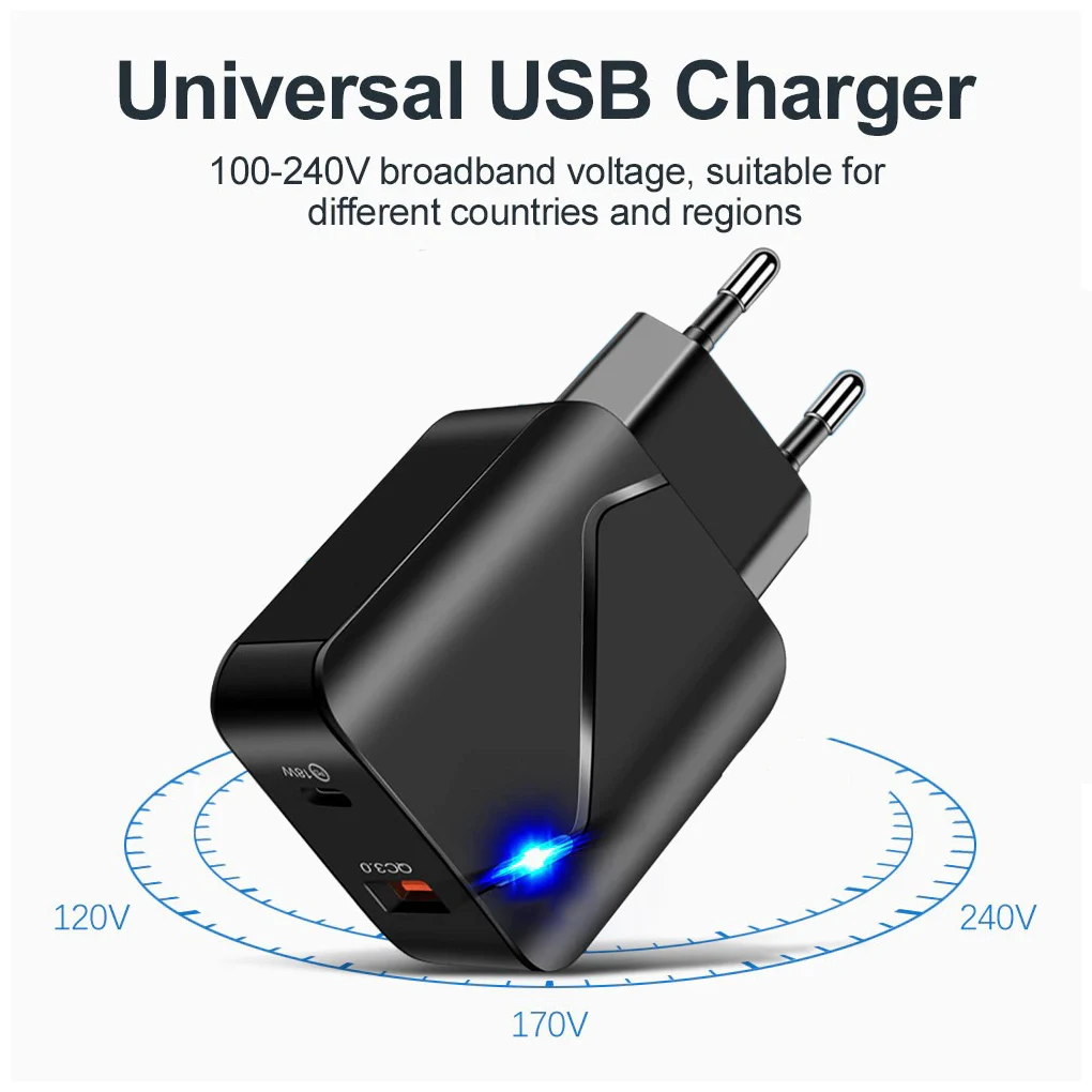 

Phone Charger PD18W QC3.0 USB Quick Charging Adapter EU Plug Plastic Charging Head For iPhone Charger Wire For iPad USB-C