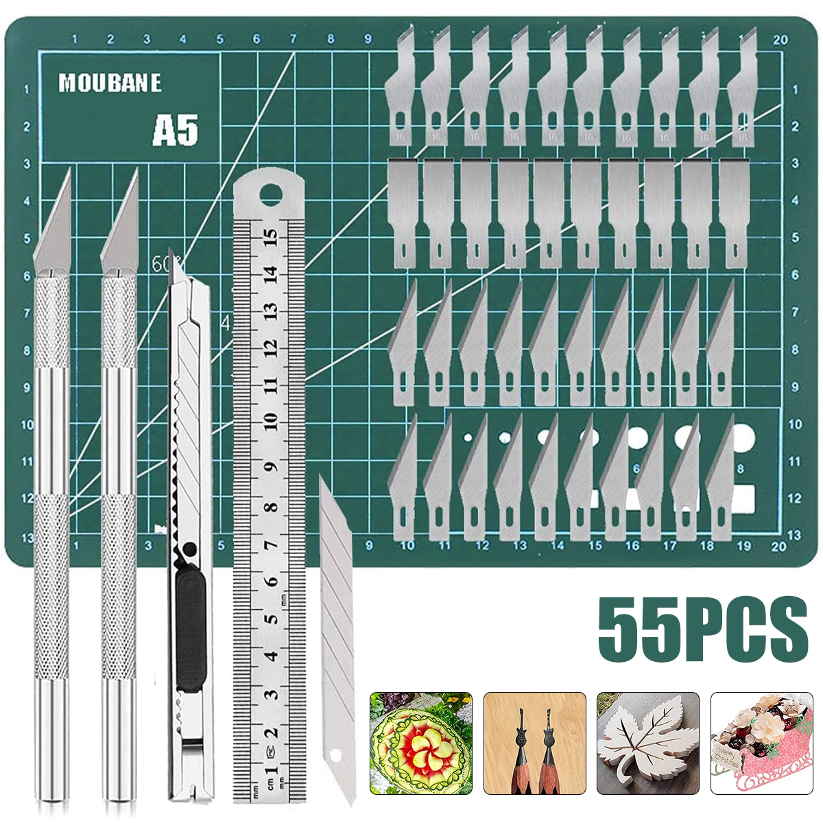 

55Pcs Carving Blade Set HCS Scalpel Knife Kit With Ruler Cutting Mat Spare Blades Hobby Craft Blade Kit Handicraft Carving Tools