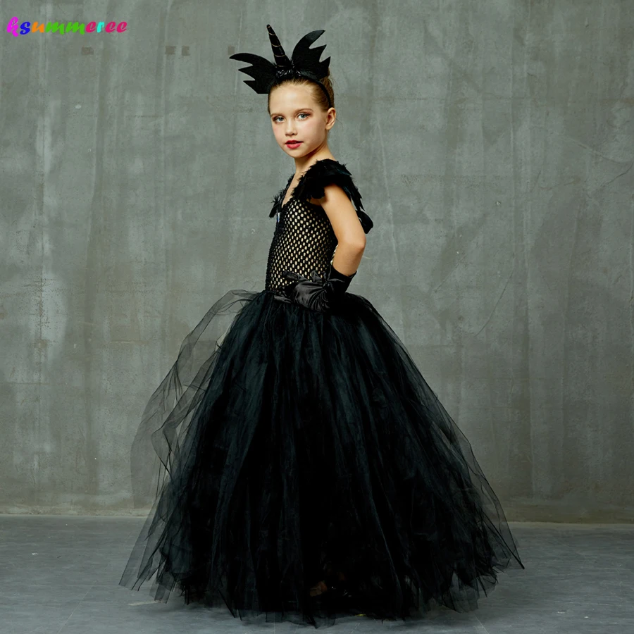 Black Long Devil Tutu Dress Halloween Costume Girls Tulle Dark Angel V-neck Kids Pageant Carnival Party Ball Gown Dresses | Детская