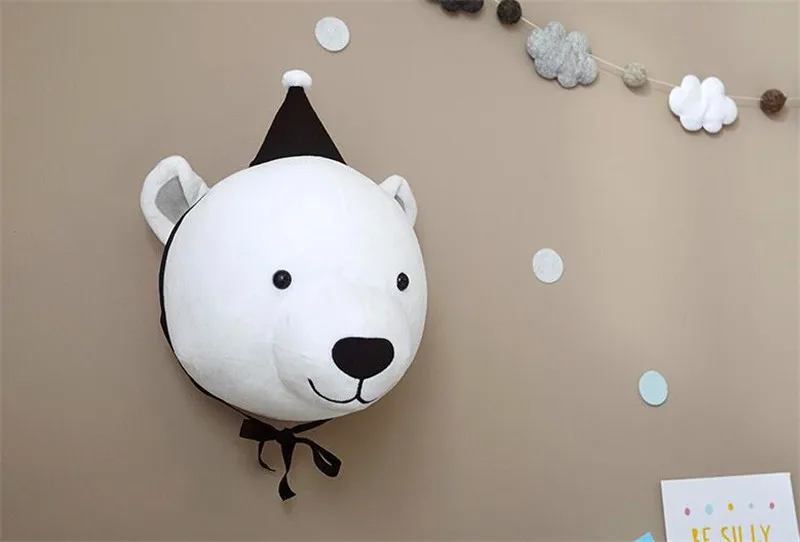 Bear and Hat Украшение на стену в виде головы животного, единорог, лебедь, Настенное подвесное крепление, игрушки для девочек, куклы для маленьких детей, декор для детской комнаты, подарок на день рождения - Цвет: Bear and Hat
