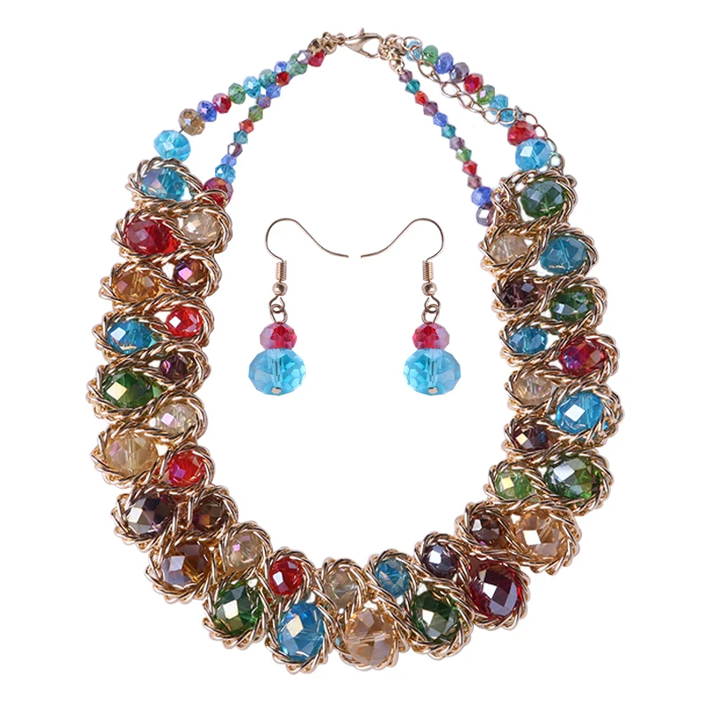 

Korean Edition Exquisite Popular Colored Glass Bead Pendant And Necklace Handmade Metal Ring Winding Necklace Set