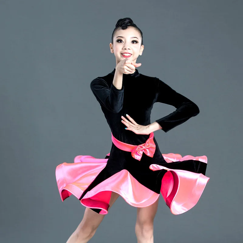 

Новое Детское платье для латинских танцев, осенне-зимнее бархатное платье с длинными рукавами и поясом для девочек, платье для выступлений
