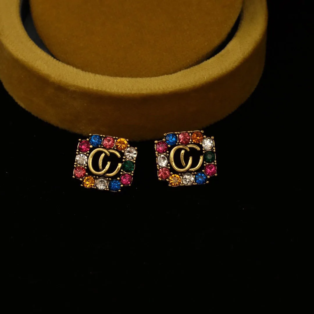 

B156 Brand C alphabet earrings with gold-plated labels and zircon micro-inlaid European and American fashion punk personality