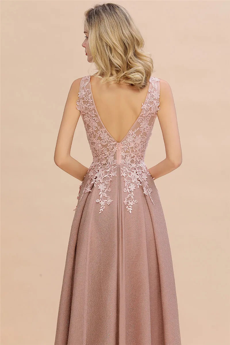 Халат de Soiree Longue пыльная роза кружевное длинное вечернее платье Vestido de Festa сексуальное с глубоким v-образным вырезом аппликации вечерние выпускные платья