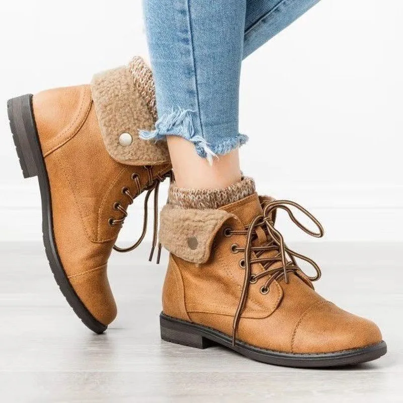 

2020 New Winter Plus Velvet Snow Boots Large Size Women's Shoes Woolen Flanging Short Boots Front Lace Low-heeled Cotton Boots