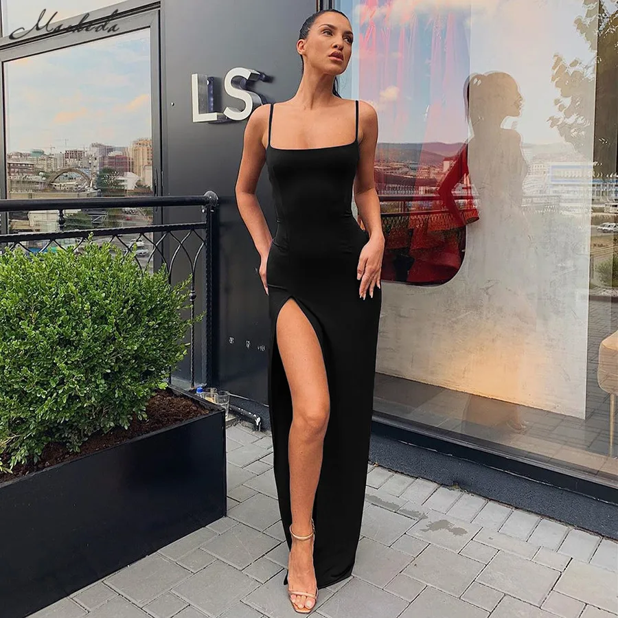 

Slim Lady Ankle Length Vintage Wear Dress 2021 New Autumn Women Spaghetti Strap Dress Autumn Sexy Split Solid
