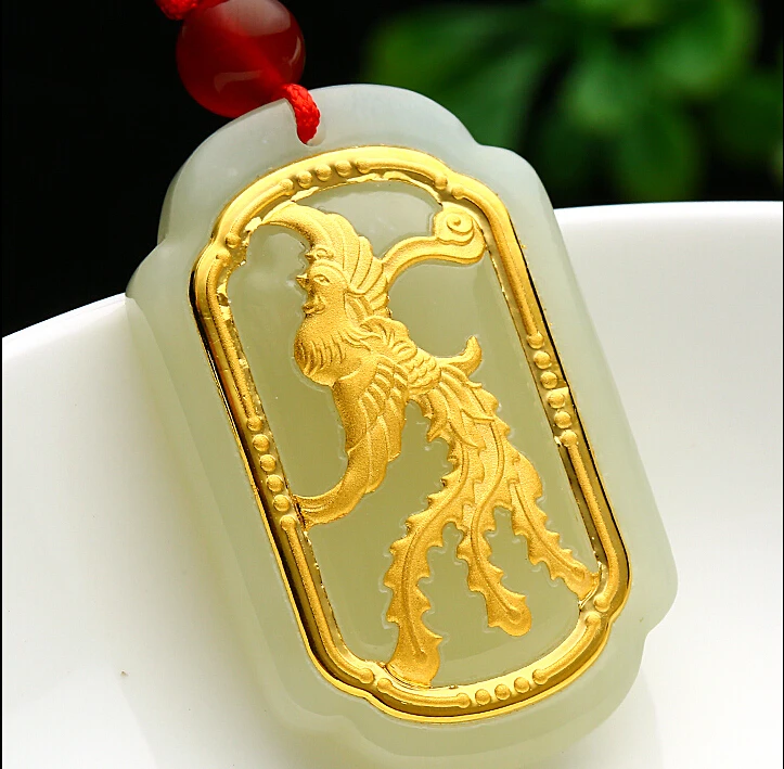 100% NATURAL NEPHRITE HETIAN  AND 24K YELLOW GOLD PHOENIX PENDANT