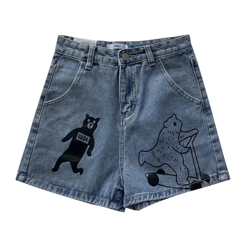 

Cartoon Bear Print Denim Shorts Women High Waist Vintage Wash Wide Leg Jean Shorts Hotpants