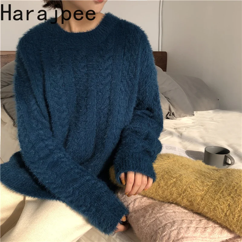

Harajpee 2021 New Warm Pullover Women Sweater Solid O-Neck Office Lady Thick Loose Simple Autumn Winter Fashion Ladies Clothes