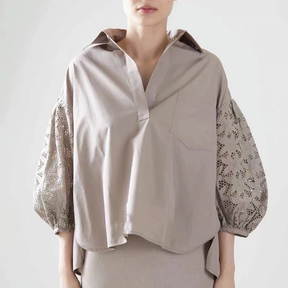 

Japanese Style Lantern Sleeve Hollow Out Blouse Women's Solid Color Fashion Loose Casual V-neck 7-point Sleeve Simple