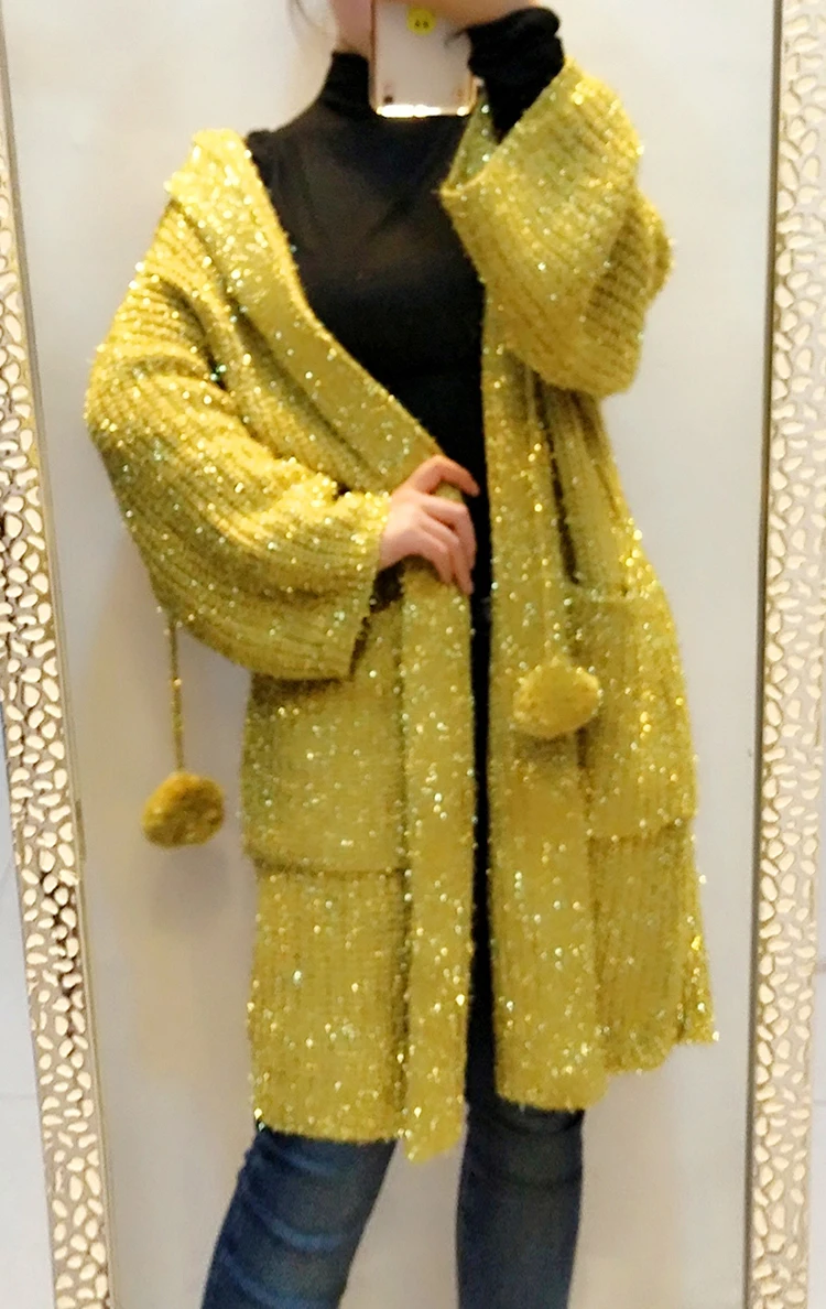 Cakucool блестящие женские золотые люрекс Открыть стежка Bling блестками Длинные кардиганы Свободные Корея свитер с капюшоном вязаное пальто Верхняя одежда для женщин