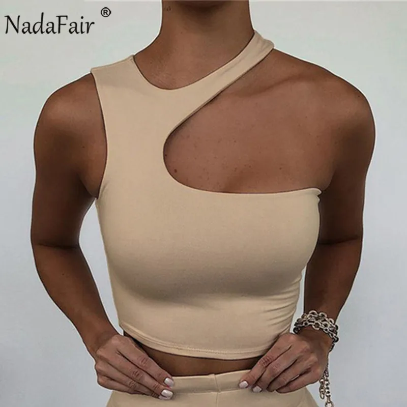 

Nadafair Cut Out Sexy Crop Off Shoulder Solid 2021 Skinny Sport Short Tops Women Tank Irregular Summer Tube Tops