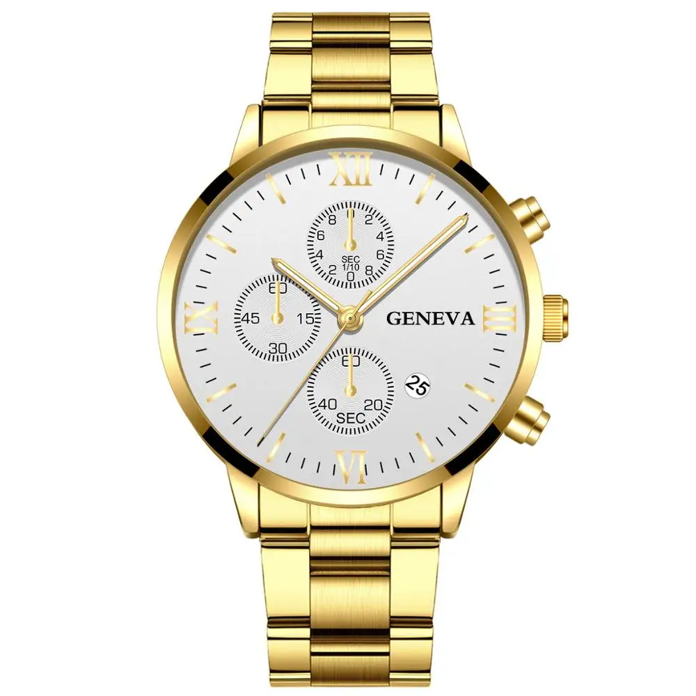Gold White Watch Men Fashion Business Watches Luxury Calendar Clock Man Stainless Steel Quartz Wrist Watch reloj hombre - Цвет: Gold White