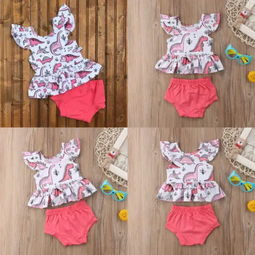 2018 г. новые летние детские повседневные розовые топы с рюшами и динозавром для