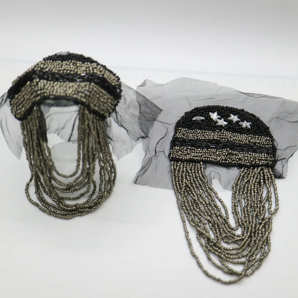 2 шт./компл. черного цвета с бахромой из бисера вышивка золотой нитью для одежды в