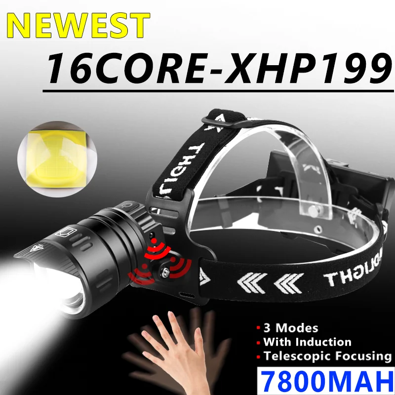 Налобный фонарь XHP199 7800 мА · ч перезаряжаемый через USB с ИК-датчиком для рыбалки |