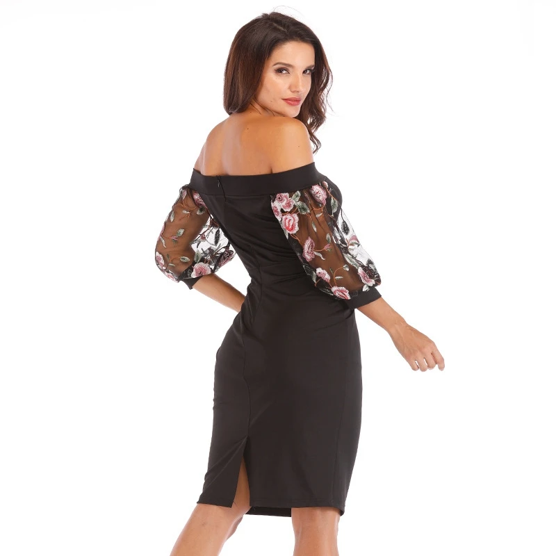 Women Sexy Slash neck Embroidery lace 3/4 sleeve Casual dress suit Lady Elegant work Office Knee-Length Party Pencil dress suit