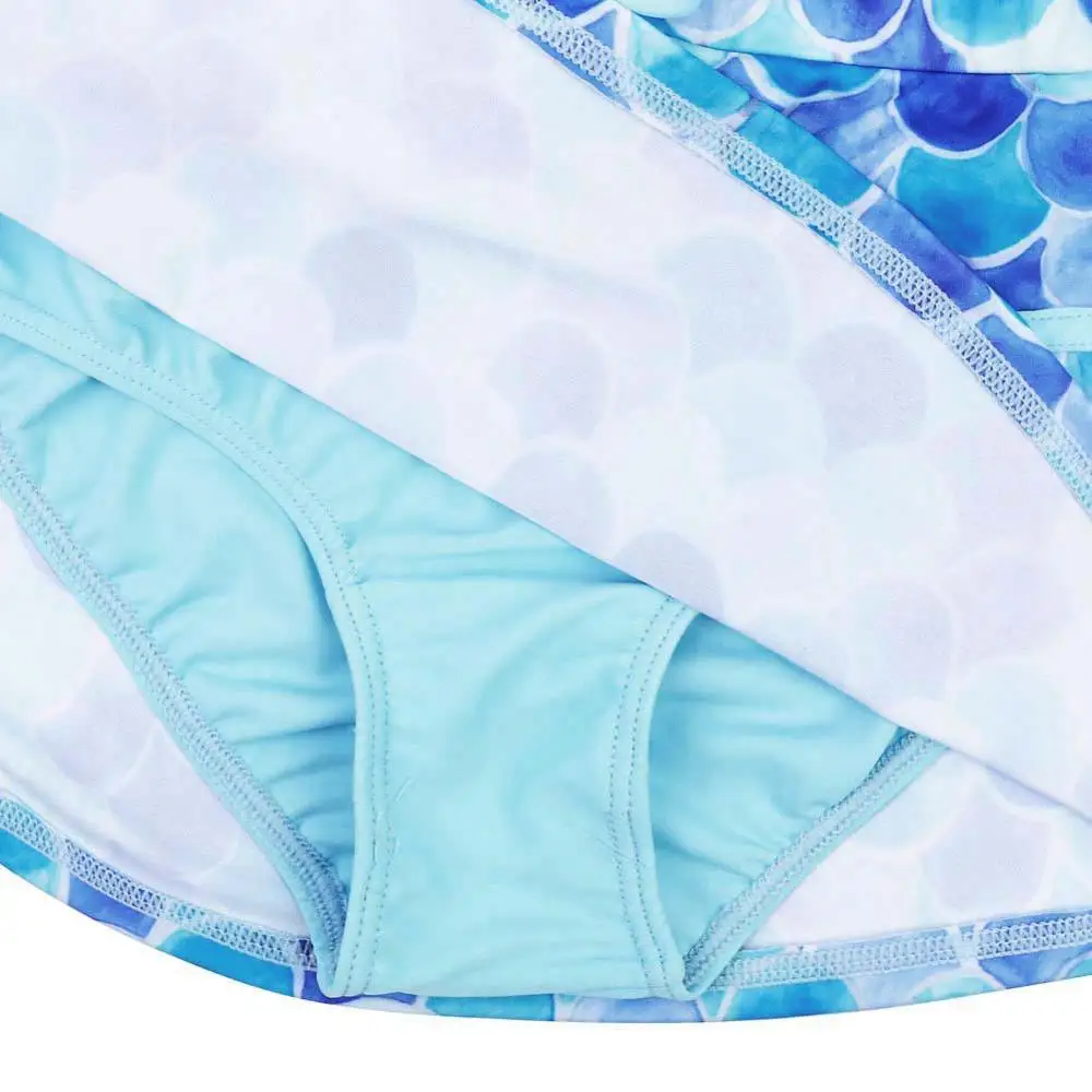

BAOHULU Girls Swimwear UPF50+ Short Sleeve Kids Two Pieces Swimsuit With Skirt Blue Cartoon Fish Scale Children Swimming Costume