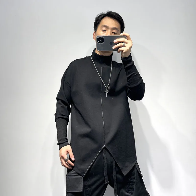 Men's Long Sleeve T Shirt Autumn Winter New High Collar Bright Line Fashionable Youth Popular Large Size Leisure T Shirt