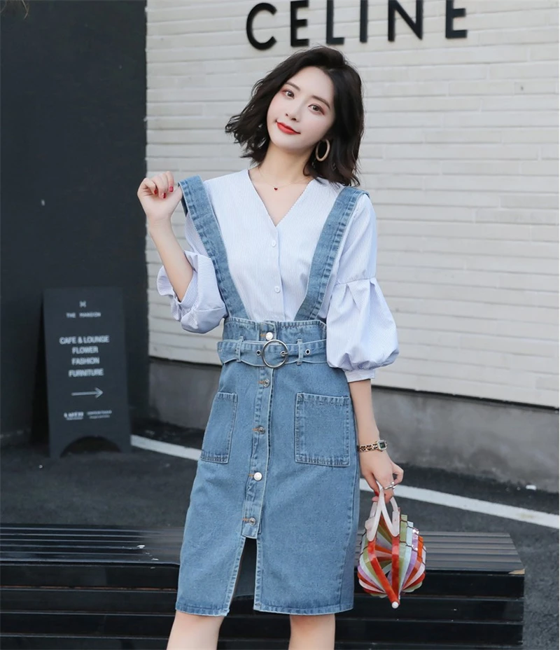 Новинка 2019 осенняя Весенняя женская юбка на лямках Повседневная джинсовая миди с