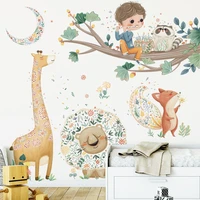 pvc anime posters cartoon flute boy wall stickers for kids rooms bedroom cute lion giraffe fox listener wall sticker home decor