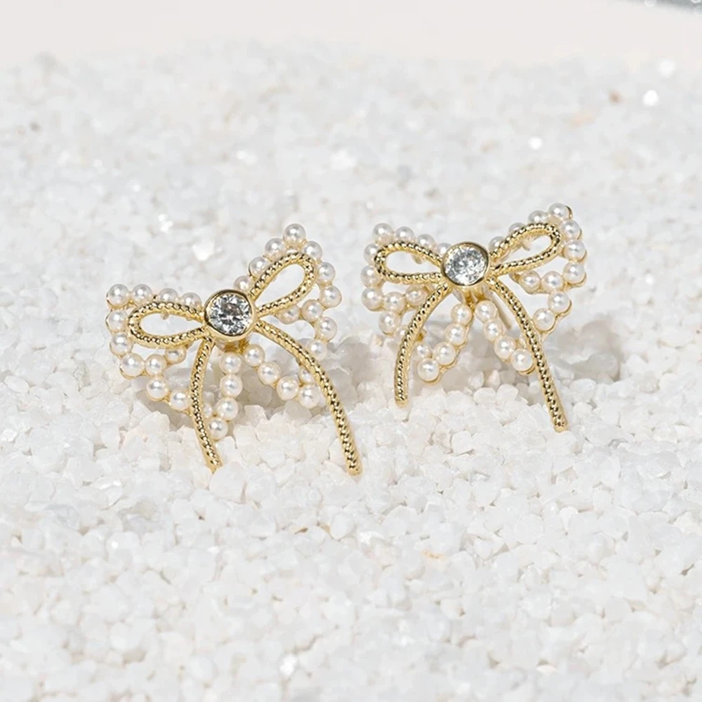 

Korean fashion bow pearl geometric earring temperament girl stud jewelry 2020 new