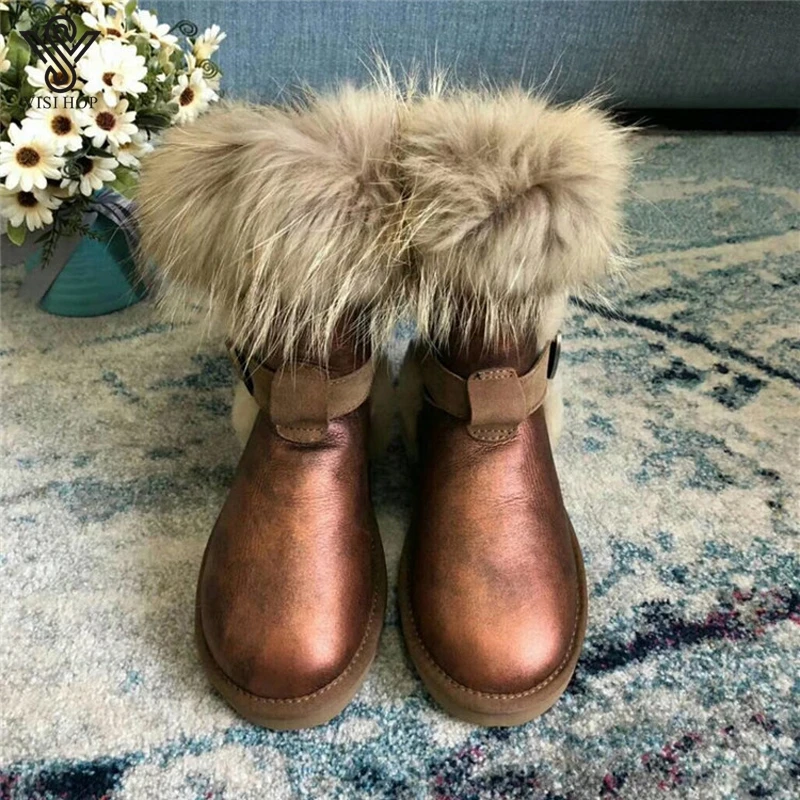 

Women Non Slip Short Tube Bevel Real Raccoon Fur Snow Boots Genuine Leather Winter Velvet Cotton boots VS1102