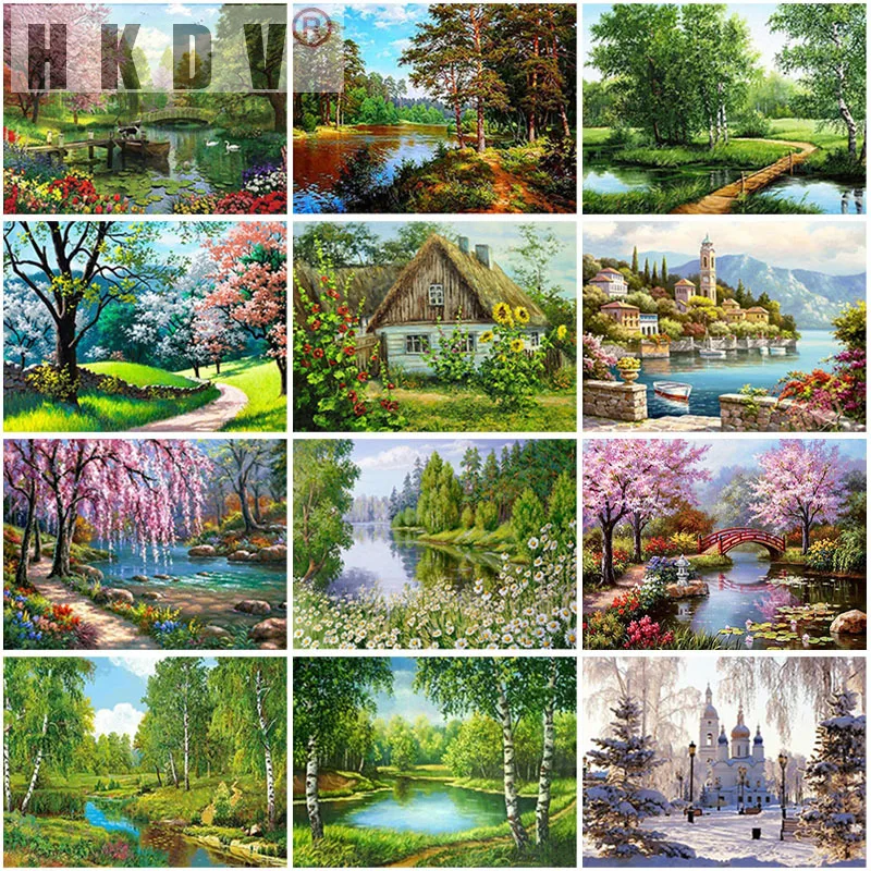 

HKDV Villa Scenery DIY 5D Diamond Painting Full Round Resin Mosaic Landscape Diamond Embroidery Picture Rhinestone Home Decor