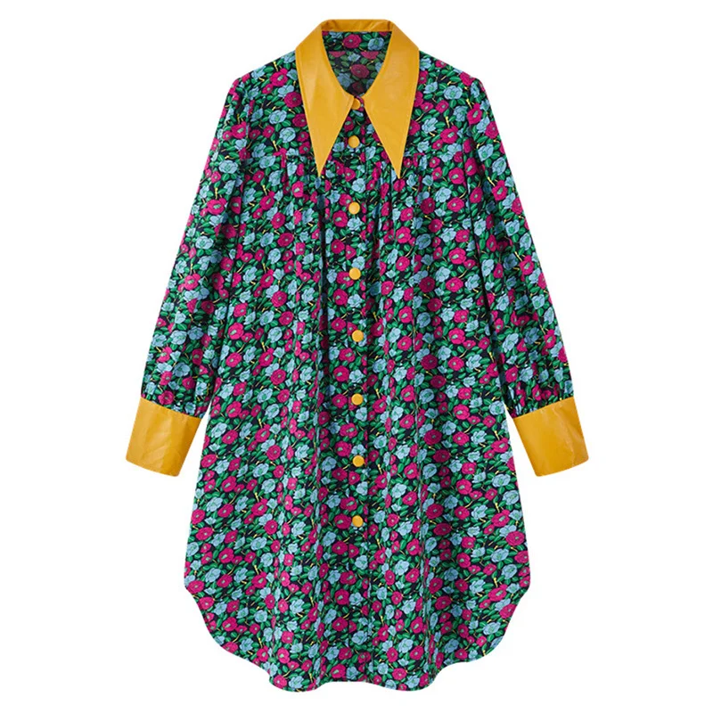 

LANMREM Women Pattern Printing Midi Dress New Lapel Long Sleeve Loose Fit Fashion Tide autumn winter 2021 2E1180