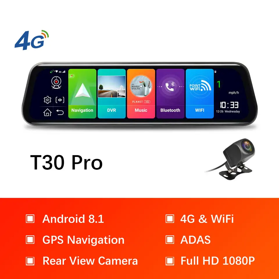 T30 Pro Olysine 10 ''зеркало заднего вида Android 4G Dash камера gps навигатор Автомобильный видеорегистратор ADAS WiFi Dashcam FHD 1080P видео регистратор Регистратор - Название цвета: T30 Pro