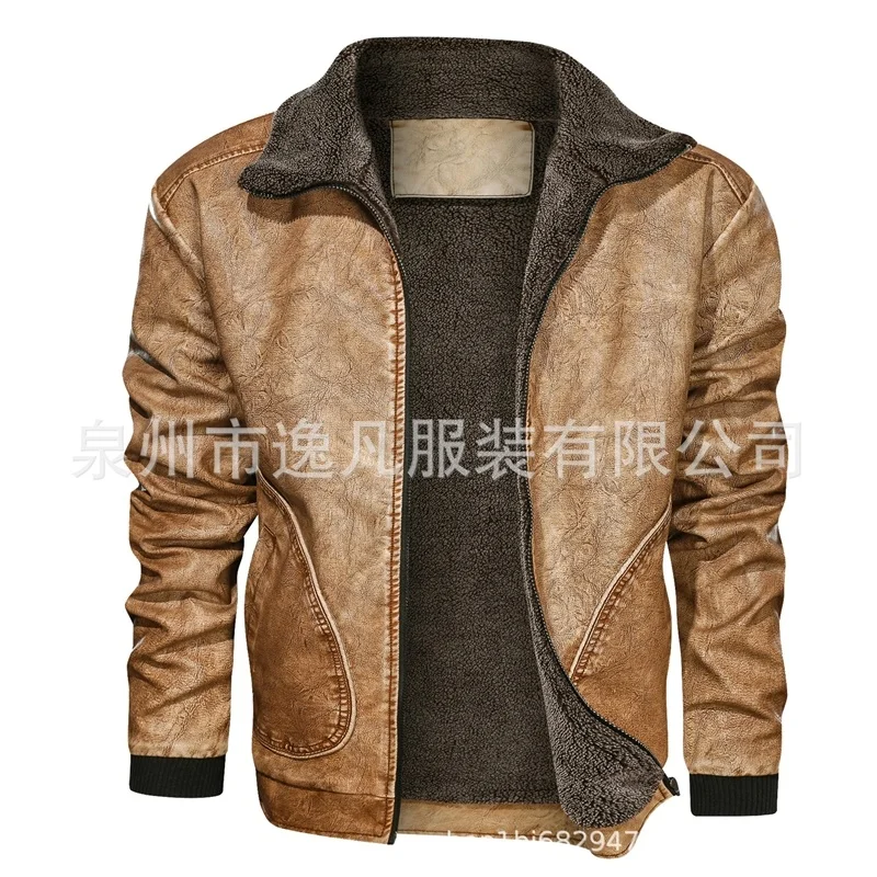 

Men's PU leather European size Lapel leather coat Plush thickened winter leather jacket Plush all in one fashion