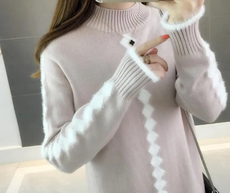

2019 woman with New style fashion Long sleeve Set head Medium length Sweater