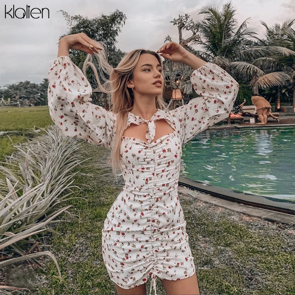 Klanien винтажное свежее цветочное сексуальное с рюшами женское Осеннее степень