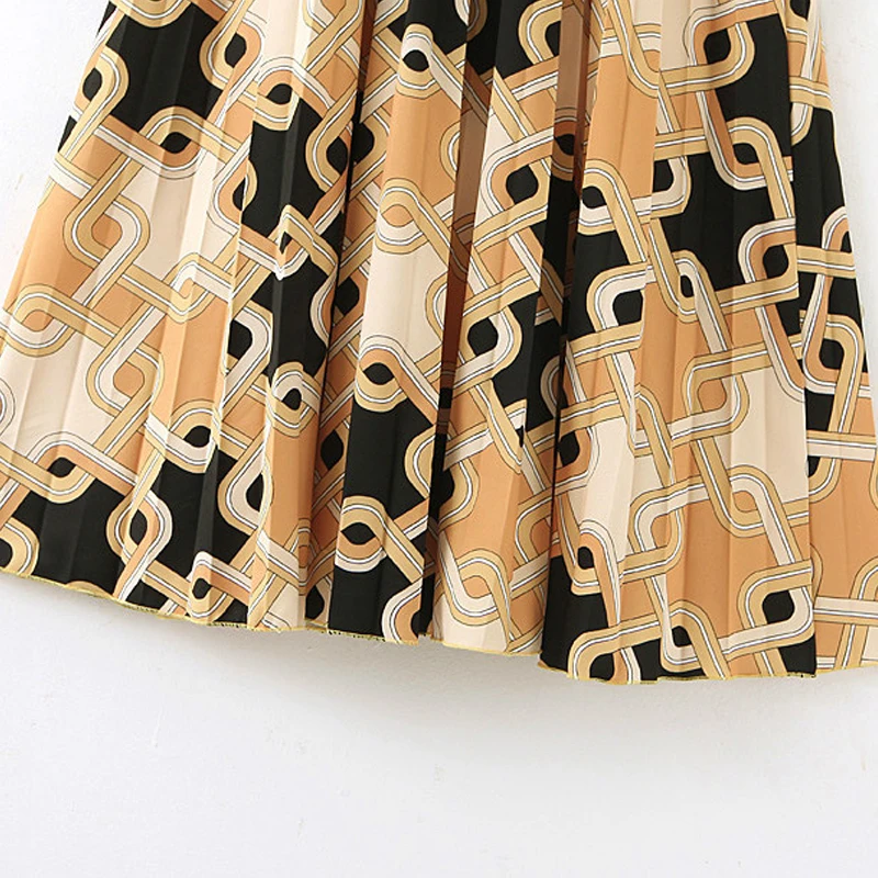 

women chain print pleated skirt high waist boho ladies fashion A line loose casual chic mid calf skirts faldas mujer