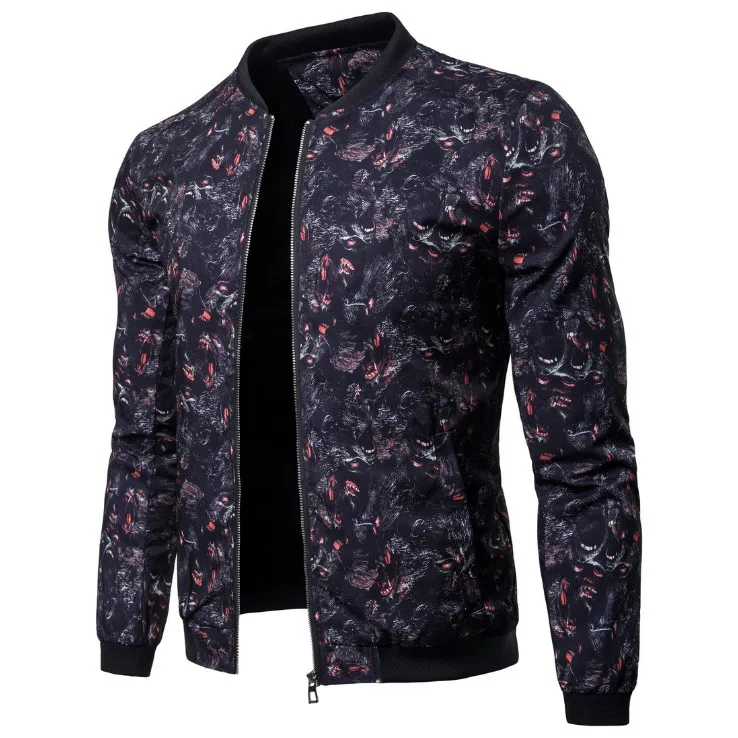 

Куртка мужская демисезонная на молнии с воротником-стойкой и принтом животных