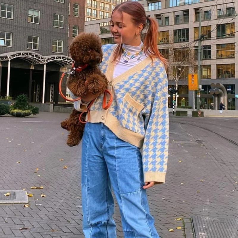 

Streetwear Houndstooth Plaid Print Cardigan Women Autumn V Neck Vintage Knitted Crop Top Sweater Casual Loose Knitwear Winter