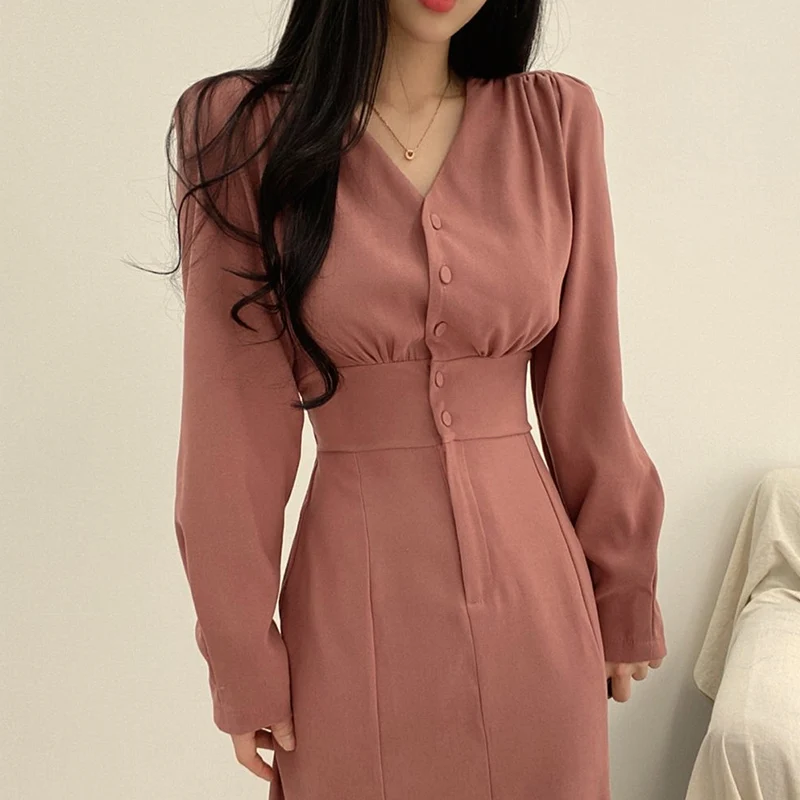 

Woman Dress 2021 New Korean Fashion Elegant Temperament Solid Color V-neck Single-breasted Waist Slim Long Puff Sleeve Dresses