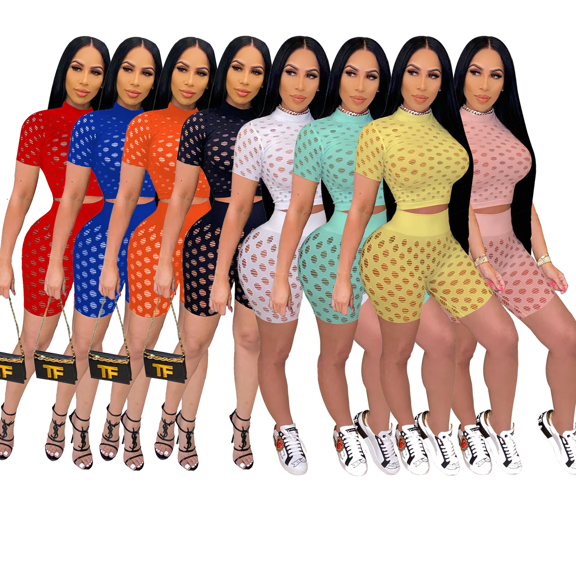 

Chiclover Summer Two Piece Set Women Wholesale Items Bodycon Elastic Breathable Hole Short Sleeve Top and Sexy Biker Shorts Sets