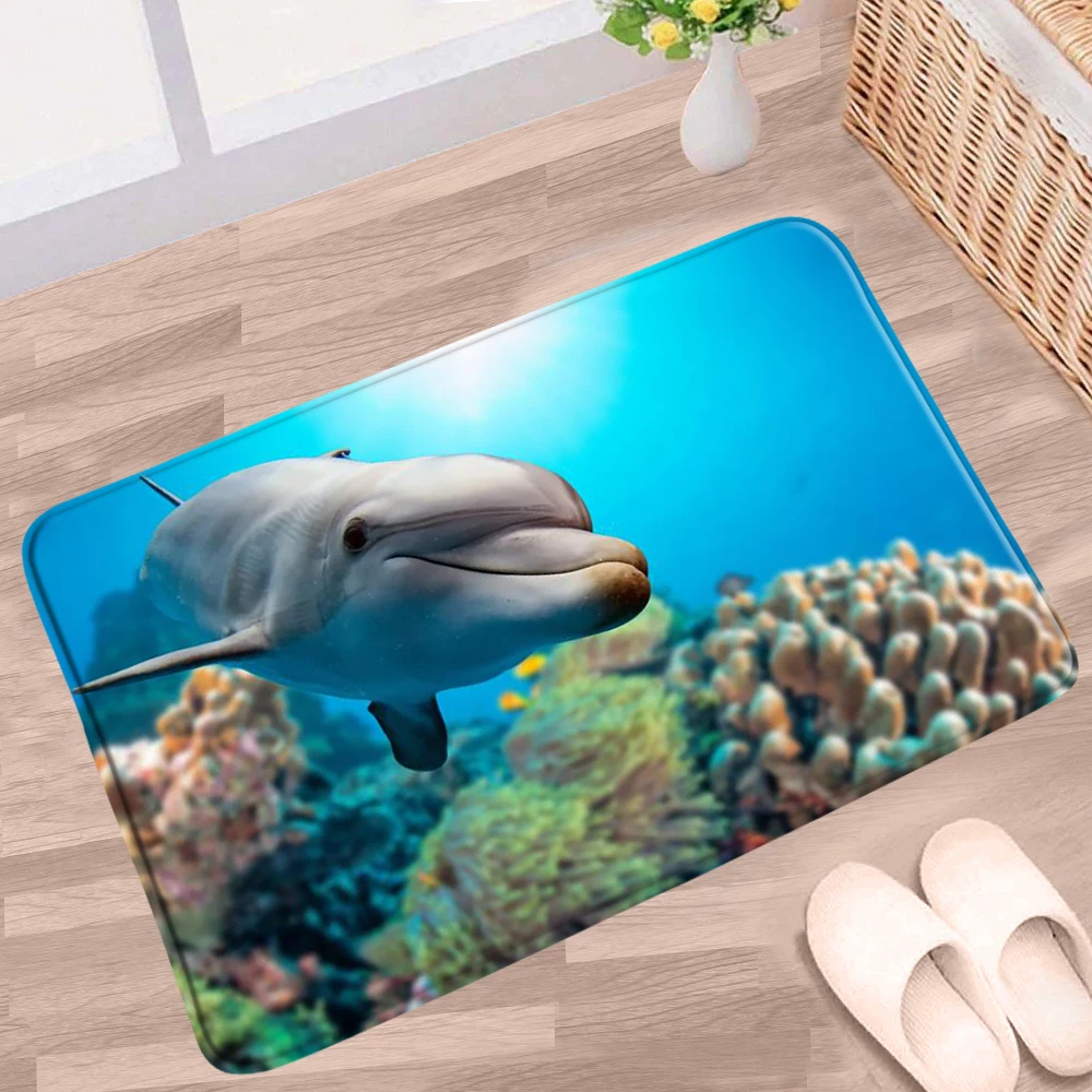 

Cartoon Fish Animal Doormat Underwater World Bathroom Mat Dolphin Whale Non-Slip Rug Flannel Decor Toilet Kitchen Doorway Carpet