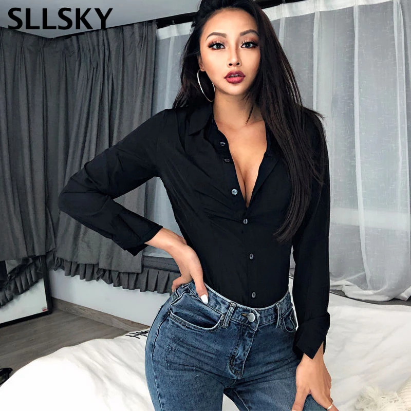 

SLLSKY Sexy One-piece Shirt Woman Spring New Black POLO Collar Medium Length Long Sleeve Solid Color Slim Fashion Simple Shirt